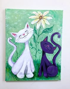 a painting of two cats sitting next to each other in the grass with a flower