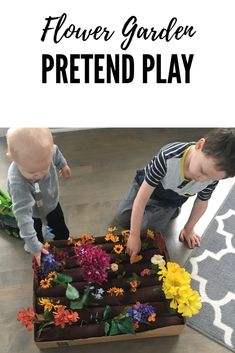 two children playing with flower garden pretend play