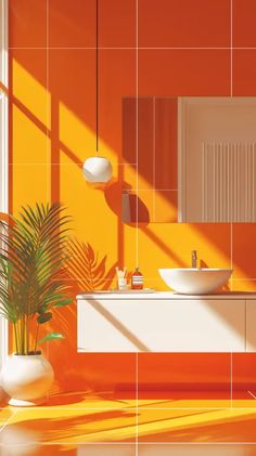 a bathroom with an orange wall and white sink on the counter, potted plant in front of it