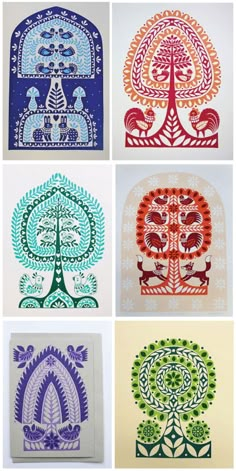 six different colored paper cut outs with designs on the front and back of each piece