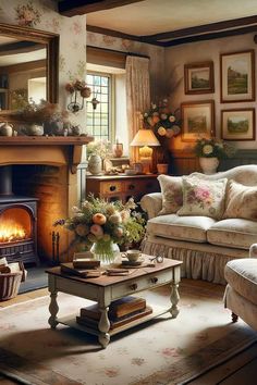 a living room filled with furniture and a fire place in front of a mirror on the wall