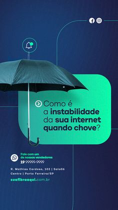 an advertisement for the internet is shown in blue and green with black umbrellas attached to it