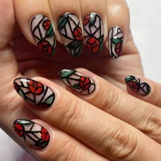 Stained Glass Manicure, Stained Glass Nails Acrylic, Stained Glass Nails Designs, Stained Glass Window Nails, Stained Glass Nail Designs, Stain Glass Nail Art, Cute Nails Almond Shape, Goth Valentines Nails, Moth Nails