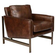 a brown leather chair sitting on top of a metal frame