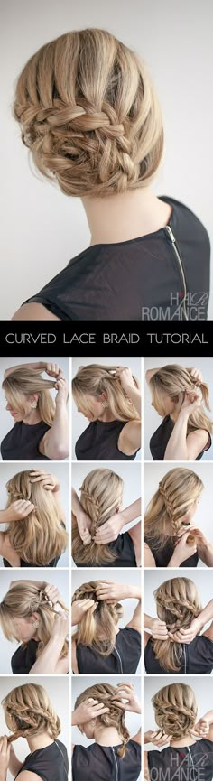 Hair Romance - curved lace braid updo hairstyle tutorial Lace Braid Tutorial, Hairstyle Diy, Updo Hairstyles Tutorials, Hair Romance, Lace Braid, Braid Hairstyle, Braided Hairstyles Updo, Braided Hairstyles Tutorials