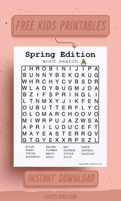 a printable spring word search is shown on a pink background with the words, free kids