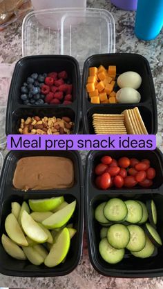 four plastic containers filled with food on top of a marble countertop and the words meal prep snack ideas