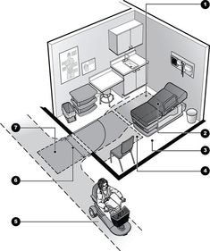 diagram of the inside of a room with furniture and parts labeled in black and white