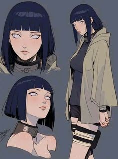 three different views of an anime character with black hair and blue eyes, wearing short shorts