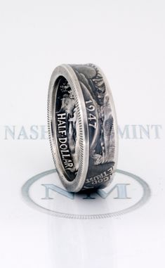 "This Double Sided Silver Coin Ring was handmade from a 90% Silver US Walking Liberty Half Dollar Coin, minted in 1943. It's available in sizes 6 to 16, including half and quarter sizes. This silver band ring reads \"LIBERTY\" & \"IN GOD WE TRUST\" with mint date on the outside & \"UNITED STATES OF AMERICA\" and \"HALF DOLLAR\" on the inside. The band width is approximately 7.5 mm wide. $1 Silver Dollar Coin Rings can be found here: http://etsy.me/2jtdMKZ 50c ~~ Silver Half Dollar Coin R Black Ring Box, 76th Birthday, Silver Coin Ring, Silver Dollar Coin, Coin Rings, Silver Quarters, Custom Coins, Half Dollar Coin, 16th Birthday Gifts