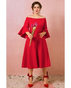 Buy Custom Red Bell Sleeves Mid Length Wedding Party Dress Plus Size High Quality at wholesale price online. Free shipping and pro custom service since 2009. Tea Length Prom Dress, Fancy Fashion, Senior Prom Dresses, Trumpet Dress, Plus Size Prom, Mid Length Shorts, Plus Size Prom Dresses, Wedding Dresses Plus Size, Red Prom Dress