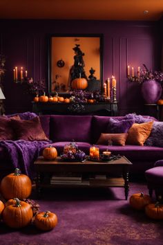 Step into the realm of magic and mystique with a witch’s parlour living room transformation. Embrace deep purple walls, rich black furnishings, and an altar of Halloween wall art featuring witches, ravens, and arcane symbols. Illuminate the room with candles atop the mantel, surrounded by pumpkins and spell ingredients. Envelop yourself in plush, velvety textiles, and summon the ancient spirits through the artful blend of Halloween interior decorating ideas that awaken the soul