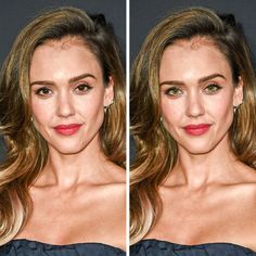 a woman with blonde hair and green eyes posing for the camera, before and after her make - up