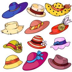 many different colored hats on a white background