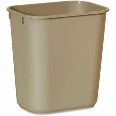 a beige plastic trash can on a white background