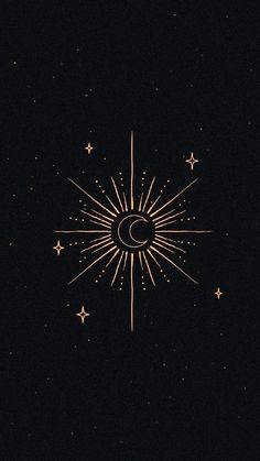 the sun and moon are shining in the dark night sky with stars on each side