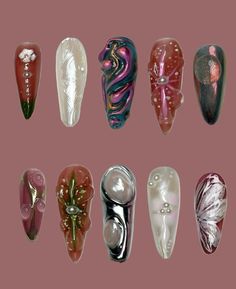 Experimental Nail Art, Sci Fi Acrylic Nails, Oil Spill Nails, Short Cyberpunk Nails, Extreme Nail Art, Grunge Aura Nails, Cybergoth Nails, Goth Airbrush Nails