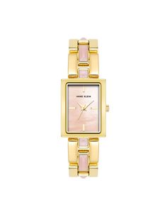 Elegant and refined, this jewelry-inspired watch features genuine gemstone accents on the bracelet for a pop of color. Band Length: 7" Case width: 21mm. Band width: 15mm. Unique Gold Watch, Pink Watches Women, Christmas Wishlist Jewelry, Cute Gold Watch, Small Gold Watches, Gifts For Ur Mom, Staple Jewelry Pieces, Watch Stacked With Bracelets, Gold Dainty Watch