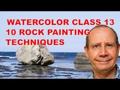 a man standing in front of a rock on the beach with text reading watercolor class 13