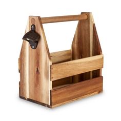 a wooden caddy with a bottle opener on the front and bottom, made out of wood