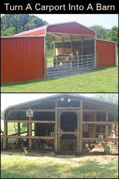 two pictures of a barn with horses inside