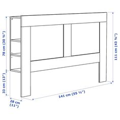 the measurements for a headboard with two shelves