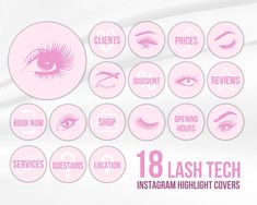 Pink Lash Logo Ideas, Lash Tech Highlight Icons Instagram, Instagram Highlight Covers Lash Business, Lash Highlight Icons Instagram Pink, Lash Tech Instagram Names, Prices Instagram Highlight, Reviews Highlight Icon, Lash Highlight Icons Instagram, Policies Instagram Highlight