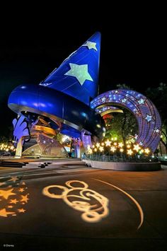 the entrance to mickey's animal kingdom at night