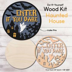 wooden cutouts for halloween decorations with the words enter if you dare and an image of a