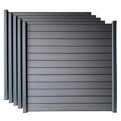 six black metal slats are lined up against each other on a white background,