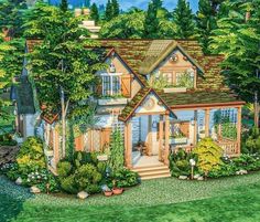 this is an artist's rendering of a house in the woods with lots of trees