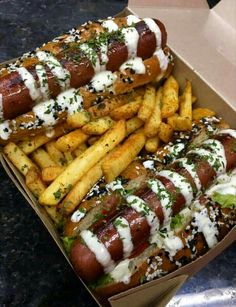 two hot dogs and french fries in a box