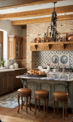 a kitchen with wooden cabinets and an island in the middle, surrounded by stools