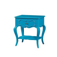 a blue table with a drawer and shelf