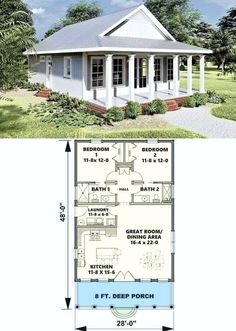 the floor plan for a small house with porches and an open living area on one side