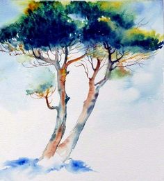 a watercolor painting of a tree with blue sky and clouds in the back ground