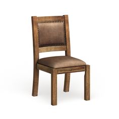 a wooden chair with brown leather upholstered seat and backrest, viewed from the front