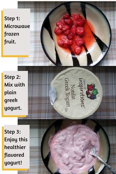 the steps to make strawberry cheesecakes are shown in three different stages, including one being