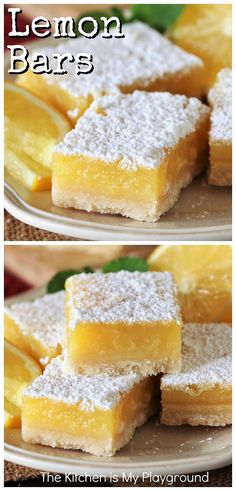 lemon bars are stacked on top of each other