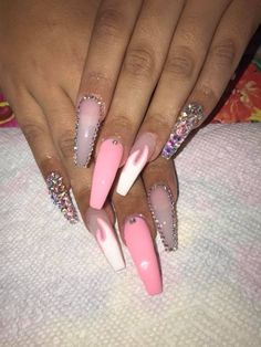 Pink Nails With Sparkle, White Nails With Rhinestones, Nagel Stamping, Nails With Rhinestones, Long Acrylic, Sparkle Nails, Glam Nails