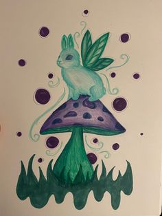 a drawing of a rabbit sitting on top of a mushroom with green leaves and purple dots