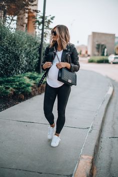 Maternity Faux Leather Leggings, Faux Leather Maternity Leggings, Leather Pants Maternity Outfit, Maternity Leather Jacket Outfit, Winter Maternity Outfits Leggings, Black Legging Maternity Outfit, Maternity Outfits With Sneakers, Pregnant Edgy Outfits, Maternity Rock Concert Outfit