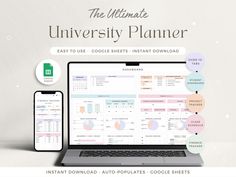 the ultimate university planner is displayed on a laptop, phone and tablet screen with text overlay