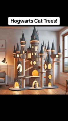 the hogwarts cat tree is made out of cardboard and has lights on it