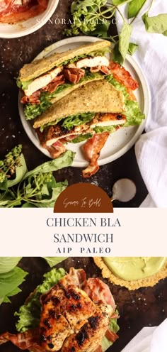 chicken bla sandwich with avocado and tomato sauce on the side, next to other food items