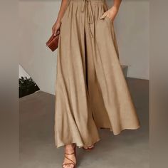 Stretchy Wide Leg Tied Pants For Women - Comfortable, Loose Fit, Elastic Waistband, Perfect For Spring And Summer - Casual, Versatile, And Chic Women's Clothing Womens Wide Leg Pants, Khaki Color, Chic Woman, Summer Casual, Leg Pants, Wide Leg Pants, Pant Jumpsuit, Elastic Waistband, Loose Fitting