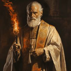 a painting of an old man holding a torch