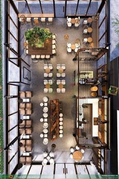 an overhead view of a restaurant with tables and chairs