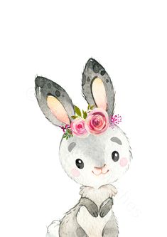 a watercolor painting of a bunny with flowers on its head sitting down and looking at the camera