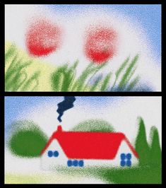 two pictures with red and green flowers in the grass, one has a house on it